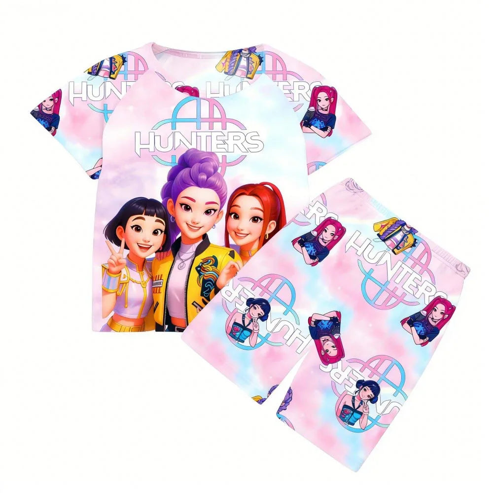 Conjuntos de pijamas para niñas, pijamas de verano para niños pequeños de 3 a 8, 10, 11 y 12 años, Kpop Demon Hunters, camisetas y pantalones cortos, conjunto de pijamas de dos piezas