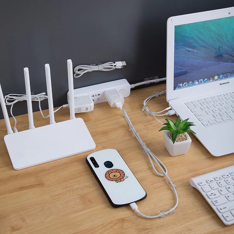 Clips organizadores de cables, gestión de cables, escritorio y estación de trabajo, administrador de cables ABS, soporte para cables, carga USB, línea de datos, bobinadora