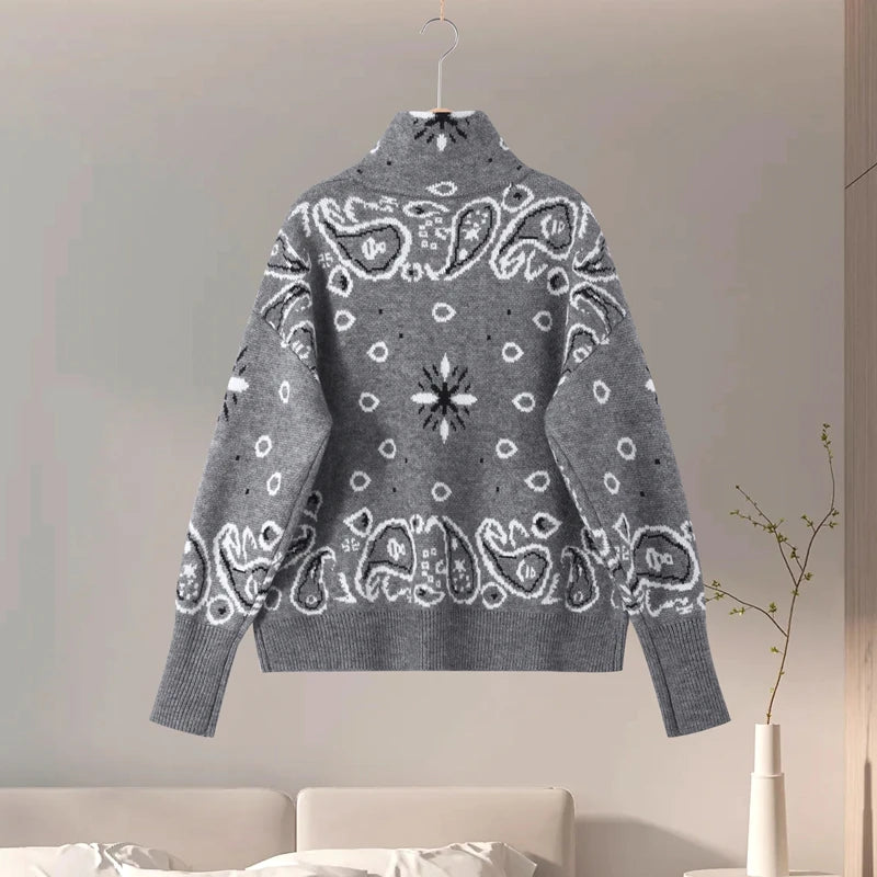 Cárdigan Vintage de punto Jacquard con cuello levantado para mujer, suéter holgado con bolsillos de manga larga y cremallera, prendas de punto suaves para primavera 2026
