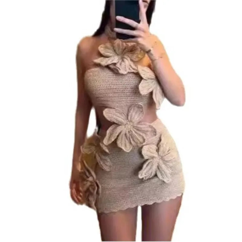 Vestidos Vintage 2025, Vestidos sexis para mujer, ropa de playa fresca y dulce, cintura hueca, vacaciones, playa, Color sólido, cuello Halter