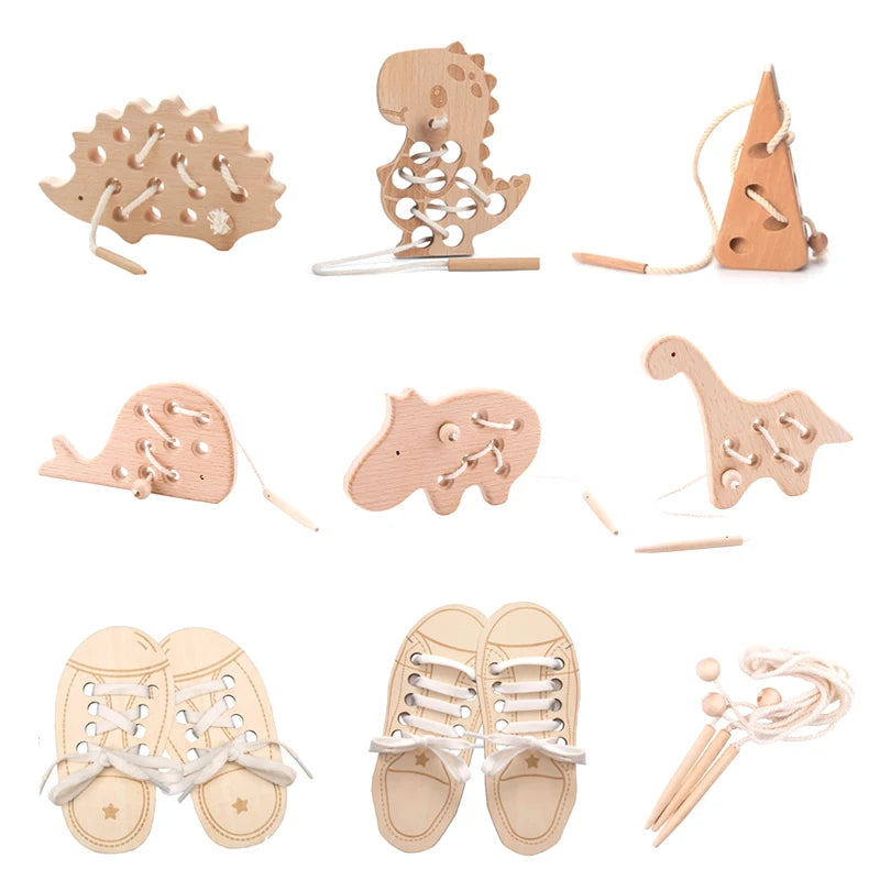 Juguetes de madera Montessori para bebé, tablero de enhebrado de erizo Animal, juguete educativo de madera de haya para niños, bloques de cuentas con botones, juguetes rompecabezas