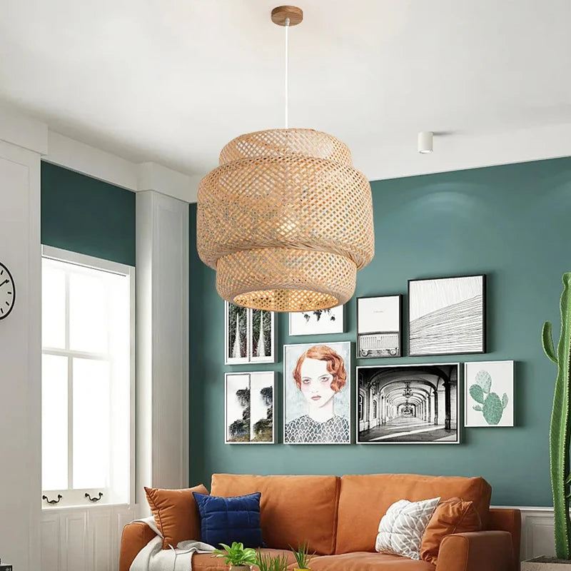 Lámpara colgante moderna de bambú, tejido a mano candelabro artístico, linterna para comedor, dormitorio y comedor, 30cm