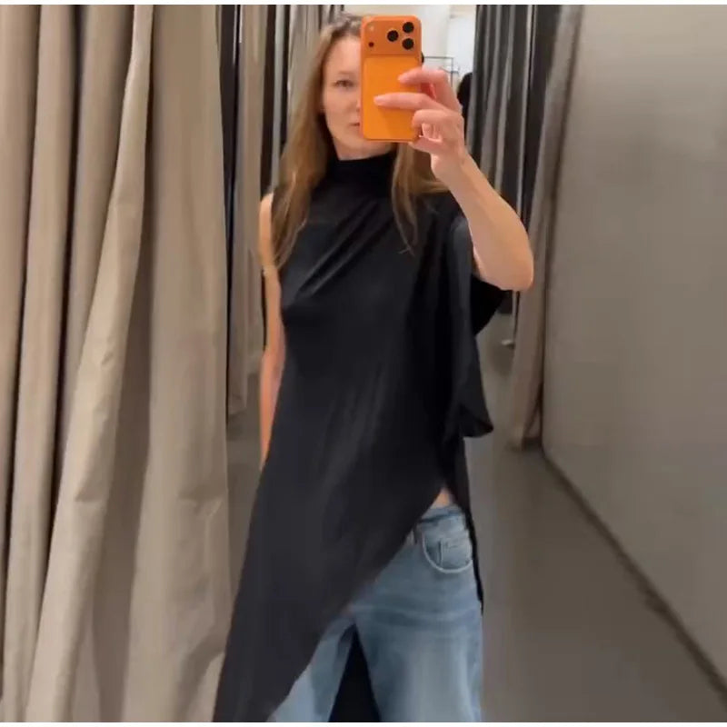 Vestido sin mangas con cuello colgante para mujer, vestido liso de satén con espalda descubierta, vestidos informales de oficina con tirantes finos, nueva Suite de primavera 2025