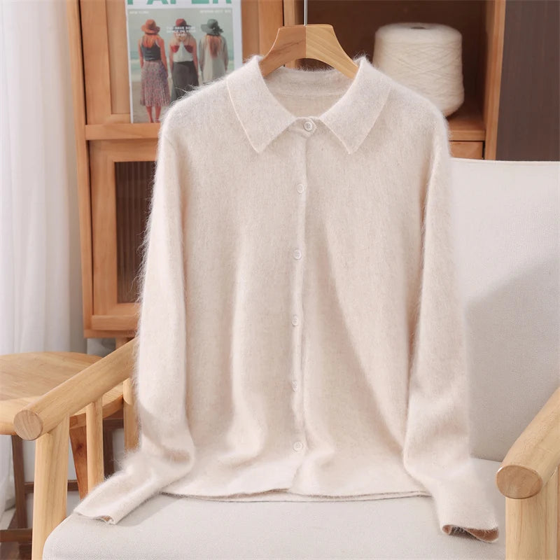 Otoño Invierno mujer 100% suéter de cachemira de visón puro con cuello Peter Pan y botones Preppy coreano Casual tejido de Color sólido