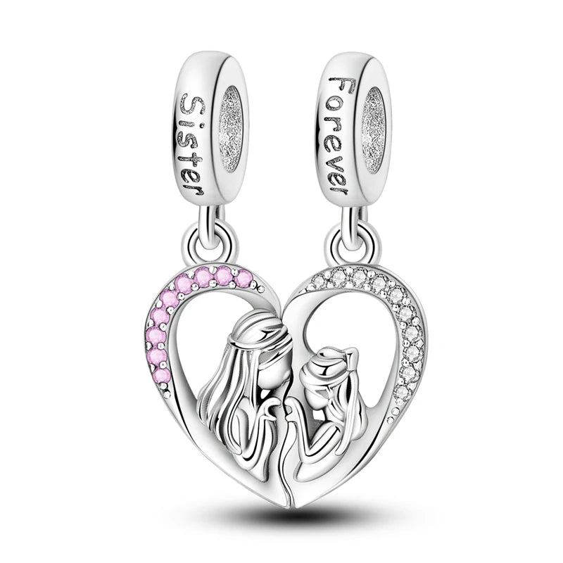 Abalorio de Plata de Ley 925 con Forma de Corazón y Cielo Estrellado, Abalorio Familiar de Madre, Hija e Hermana, Compatible con Pulseras, Colgante, Joyería DIY para Mujer, Regalo