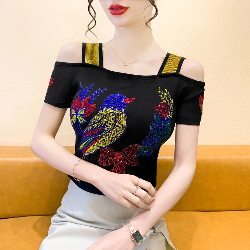 Ropa de calle europea, camiseta de marca para mujer, camisetas ajustadas de manga corta elegantes con diamantes brillantes para mujer