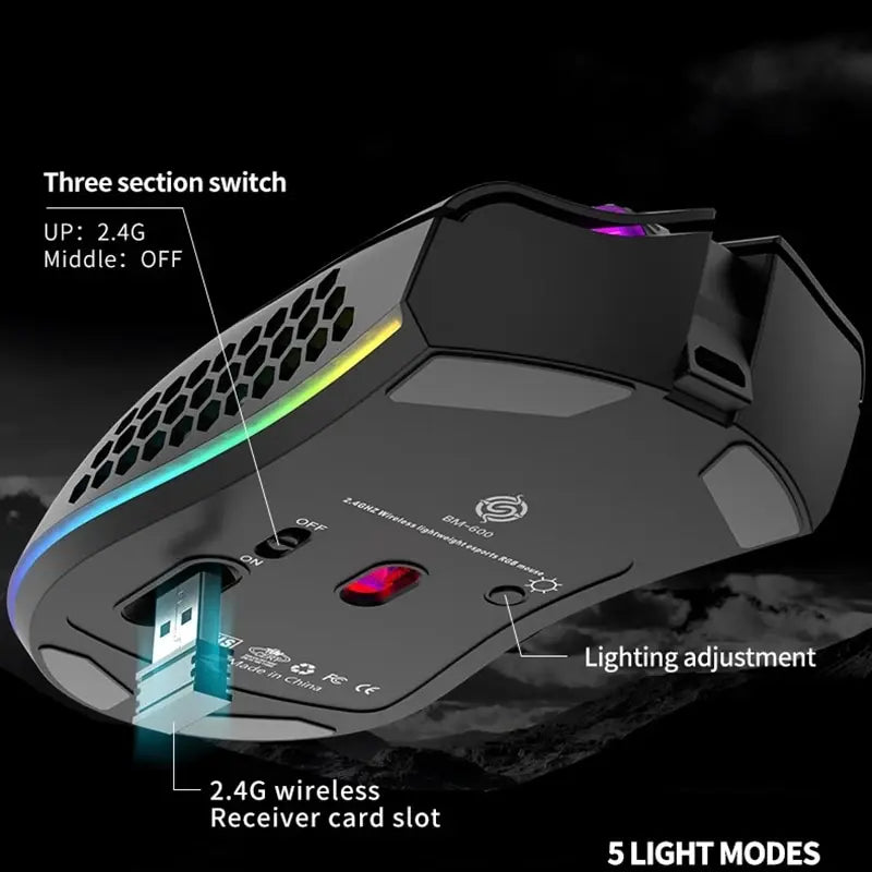 Ratón inalámbrico BM600 para juegos, periférico con luz RGB, recargable por USB, 2,4G, bonito