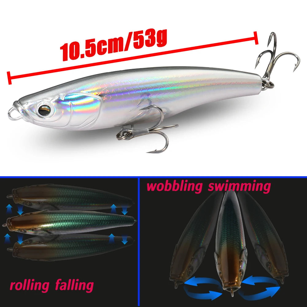 Señuelo tipo lápiz que se hunde, 53g, 10,5 cm, anzuelo Popper para agua salada, Swimbait, Pesca de fundición larga, Wobbler, Pesca en el mar, Crankbait Gear, cebo de silicona