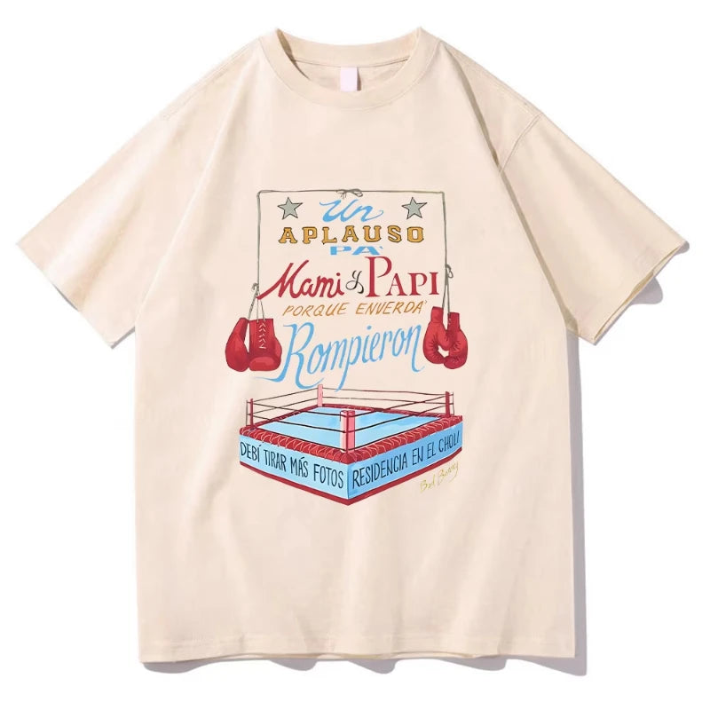 Bad Bunny DTMF Merch Boxing Tee Camiseta estética Unisex Estampado geométrico Cuello redondo Manga corta Estilo urbano Camiseta estampada