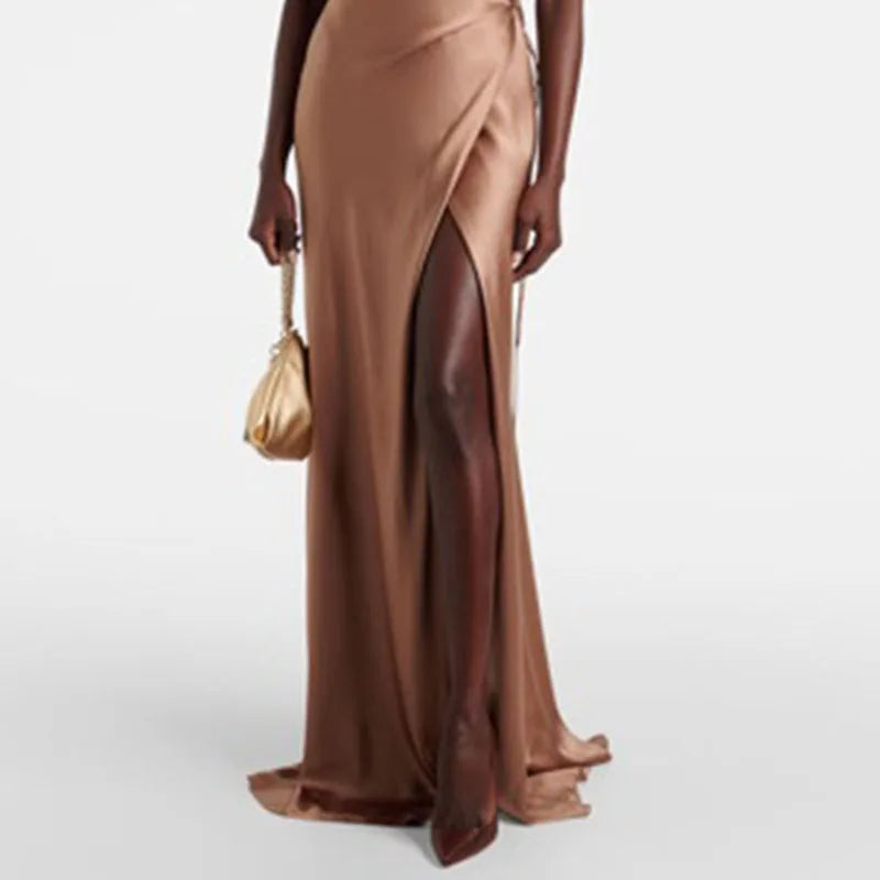 Vestidos de Fiesta de Satén con Cuello en V y Cintura Cruzada, Elegantes Vestidos Largos de Satén con Abertura Alta para Mujer, Vestidos Maxi Huecos sin Espalda para Primavera y Verano