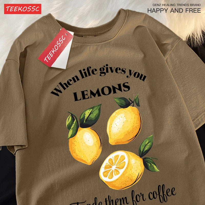 Cuando la vida te donne limones comerciamos tiene café impresiones Retro mujer Camiseta de algodón de moda ropa de Hip Hop suelta Unisex Top