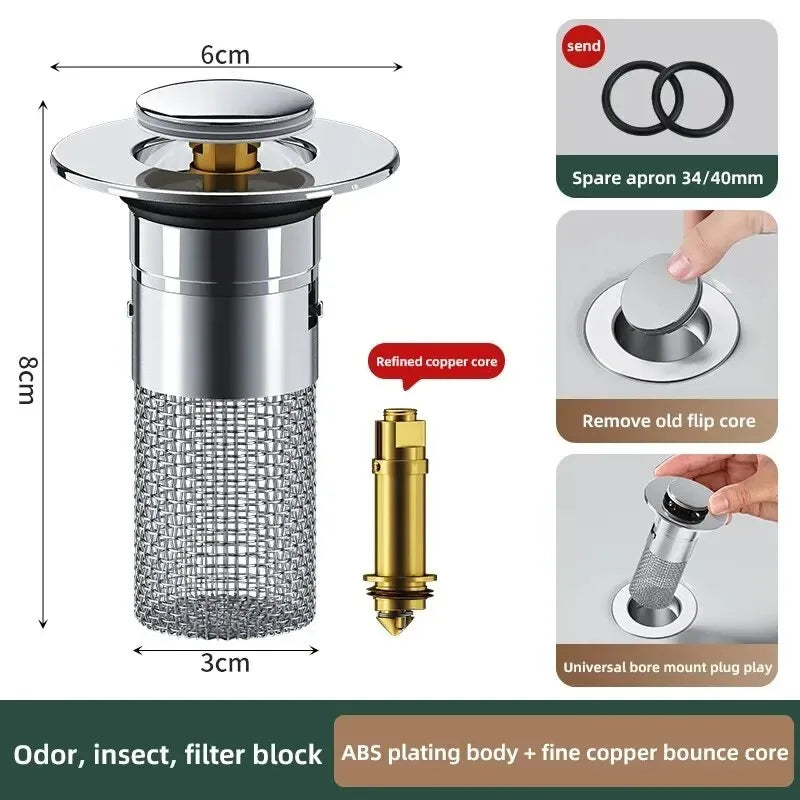 Tapón de fuga para lavabo de acero inoxidable con núcleo rebotante antiolor, tapón de desagüe a presión para fregadero, accesorio universal para lavabo, instalación fácil, anti‑catarata, duradero, premium topplus 202