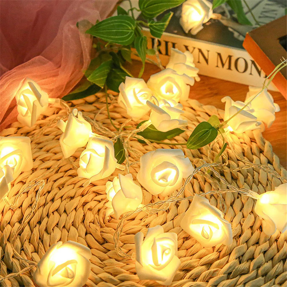 Guirnalda de Luces LED de 3m con 20 Rosas Artificiales, Funciona con Pilas, Decoración para Bodas, Habitaciones, Ramadán, Regalos para el Día de la Madre