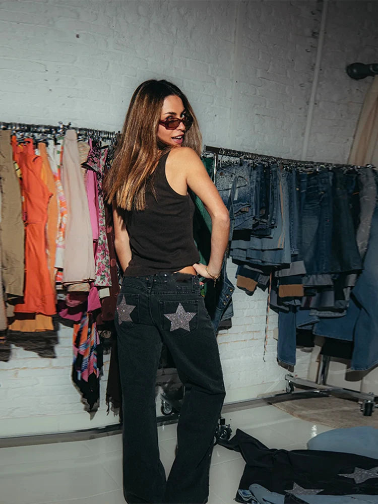 Pantalones vaqueros elegantes con decoración de perlas para mujer, pantalones de pierna ancha de cintura alta, ropa de calle nueva de moda, pantalones de lujo 2025