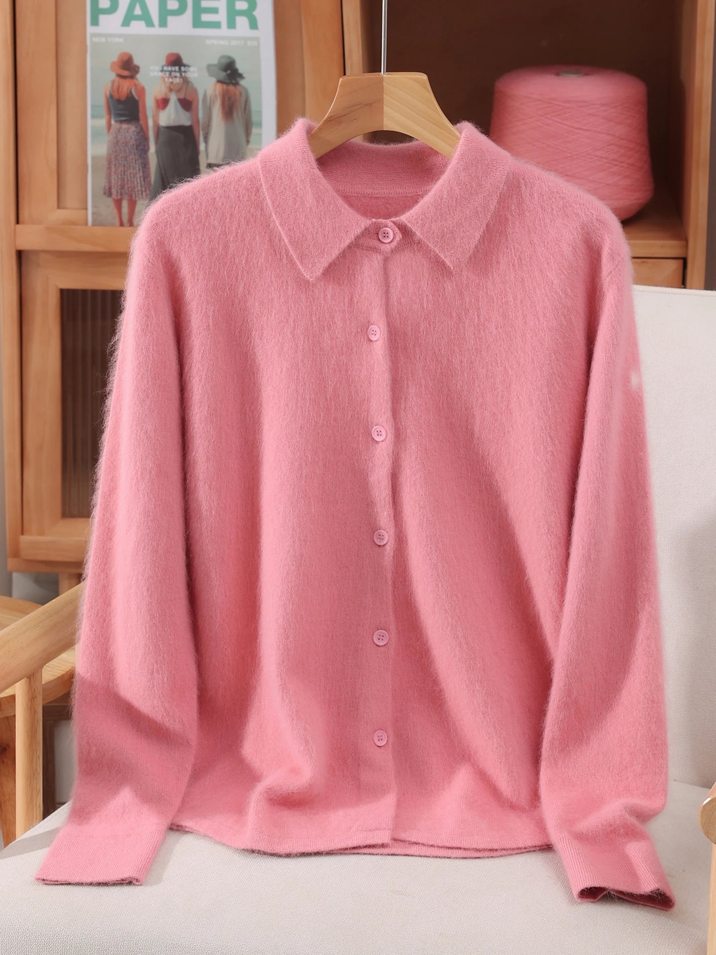 Otoño Invierno mujer 100% suéter de cachemira de visón puro con cuello Peter Pan y botones Preppy coreano Casual tejido de Color sólido