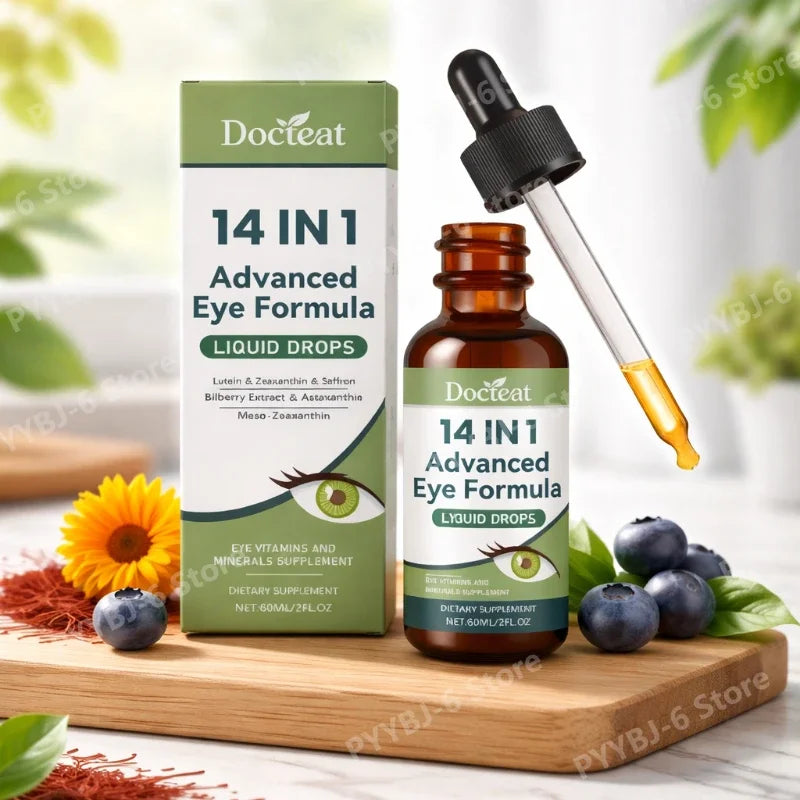 Suplemento Líquido Diario para el Bienestar Ocular 14 en 1 con Luteína, Zeaxantina, Arándano, Azafrán, Astaxantina, Mezcla de Nutrientes Vegetales, 60 ml
