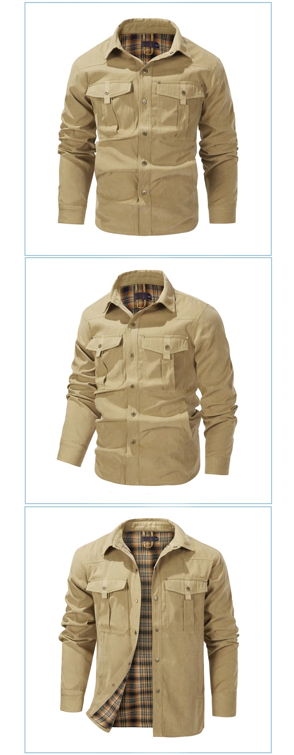 Primavera otoño hombres camisa de franela a cuadros chaqueta Casual hombres Retro solapa algodón camisas cálidas hombres chaqueta cortavientos táctica ropa