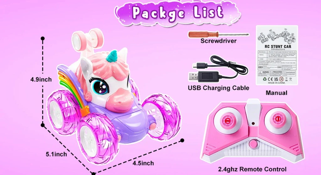 Coche teledirigido unicornio para niñas, 360 °   Coches RC acrobáticos giratorios 4WD con luces lindas, juguetes recargables para niños para regalos de cumpleaños