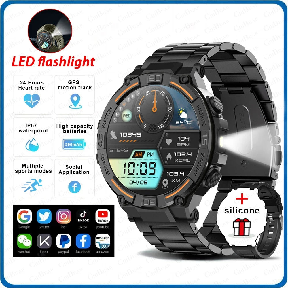 Reloj inteligente militar resistente al aire libre para hombres, GPS, deportes, Fitness, resistente al agua, llamada Bluetooth con luces LED, reloj inteligente