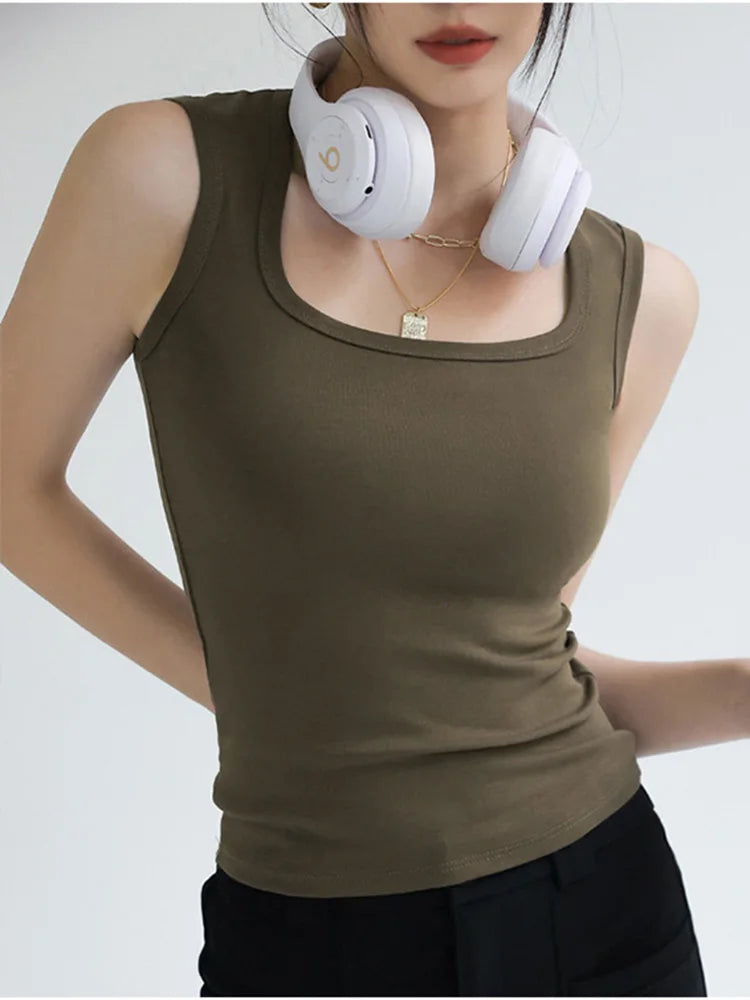 Camiseta sin mangas acanalada con cuello en U para mujer, camisola elástica básica térmica sin mangas, ropa térmica de verano para mujer
