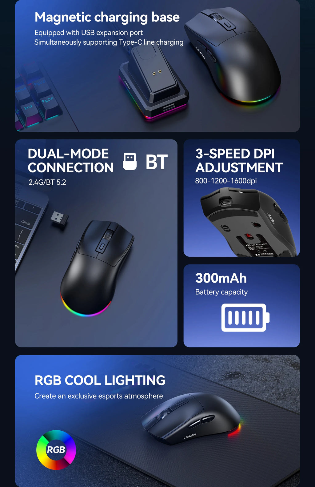 Ratón inalámbrico de modo dual |   Base de carga magnética |   Retroiluminado RGB |   DPI de 3 velocidades (800-1200-1600) |   2.4G/BT |   Adecuado para uso diario.