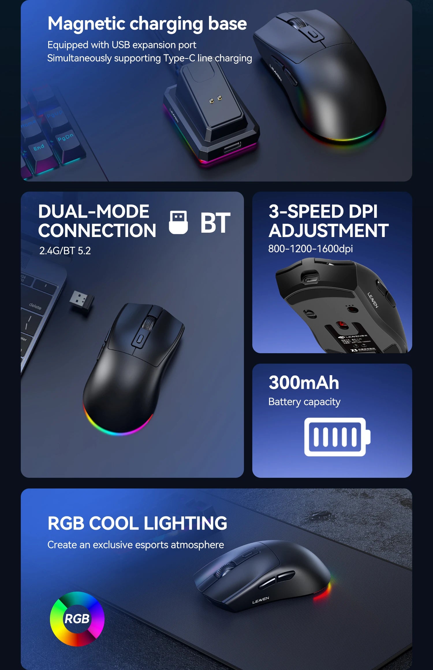 Ratón inalámbrico de modo dual |   Base de carga magnética |   Retroiluminado RGB |   DPI de 3 velocidades (800-1200-1600) |   2.4G/BT |   Adecuado para uso diario.