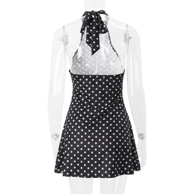 Elegante Vestido Mini de Puntos con Hombros Descubiertos para Mujer, Sin Mangas, Espalda Descubierta, Cintura Alta, Estilo Y2K, Moda de Verano, Vestido de Fiesta para Club