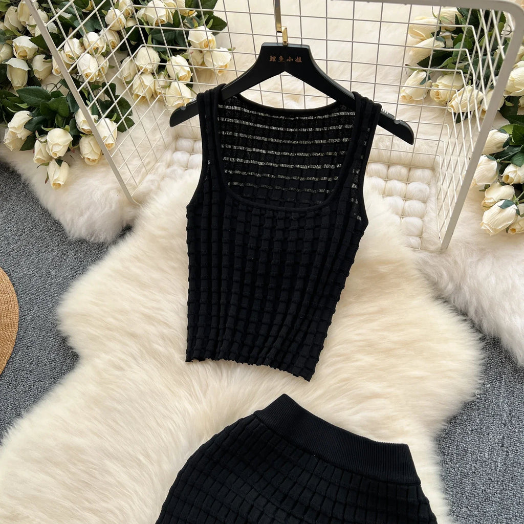 Conjunto de falda de moda de verano para mujer, camisetas sin mangas Sexy, cintura alta, Saya larga delgada, trajes de dos piezas, ropa de punto sólida
