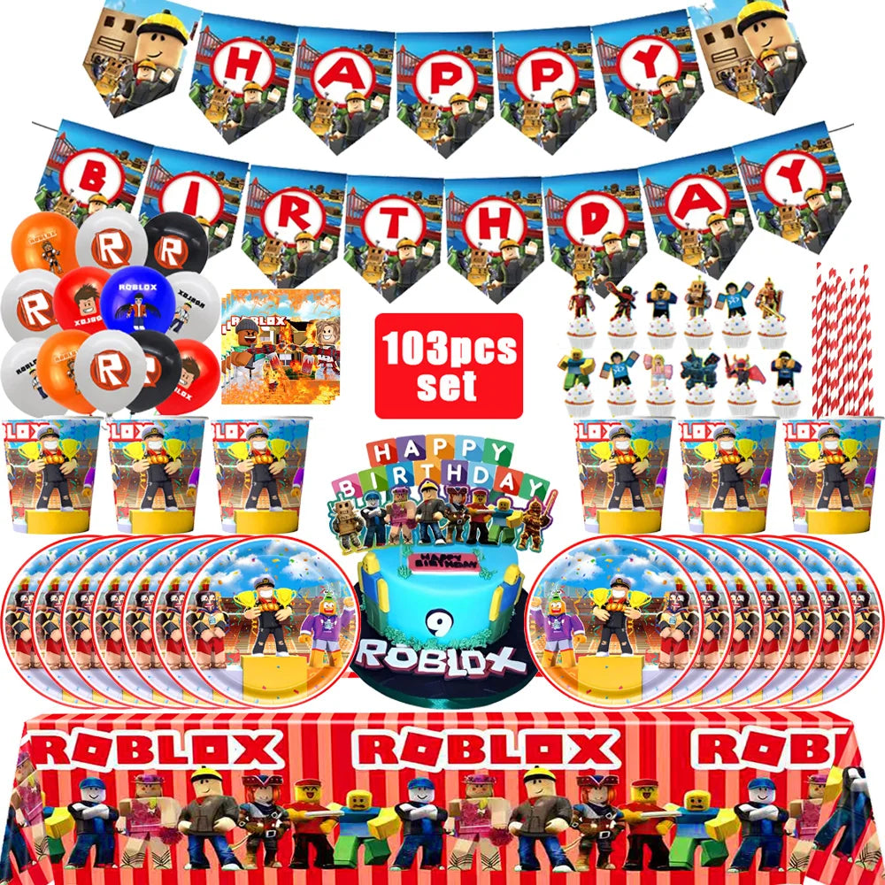 Roblox-Juego de decoración para fiesta de cumpleaños, vajilla de juego, bolsa de regalo, mantel, globo, adorno para pastel, telón de fondo, suministros para fiesta Baby Showe Roblox