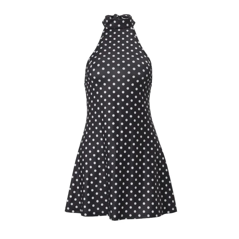 Elegante Vestido Mini de Puntos con Hombros Descubiertos para Mujer, Sin Mangas, Espalda Descubierta, Cintura Alta, Estilo Y2K, Moda de Verano, Vestido de Fiesta para Club