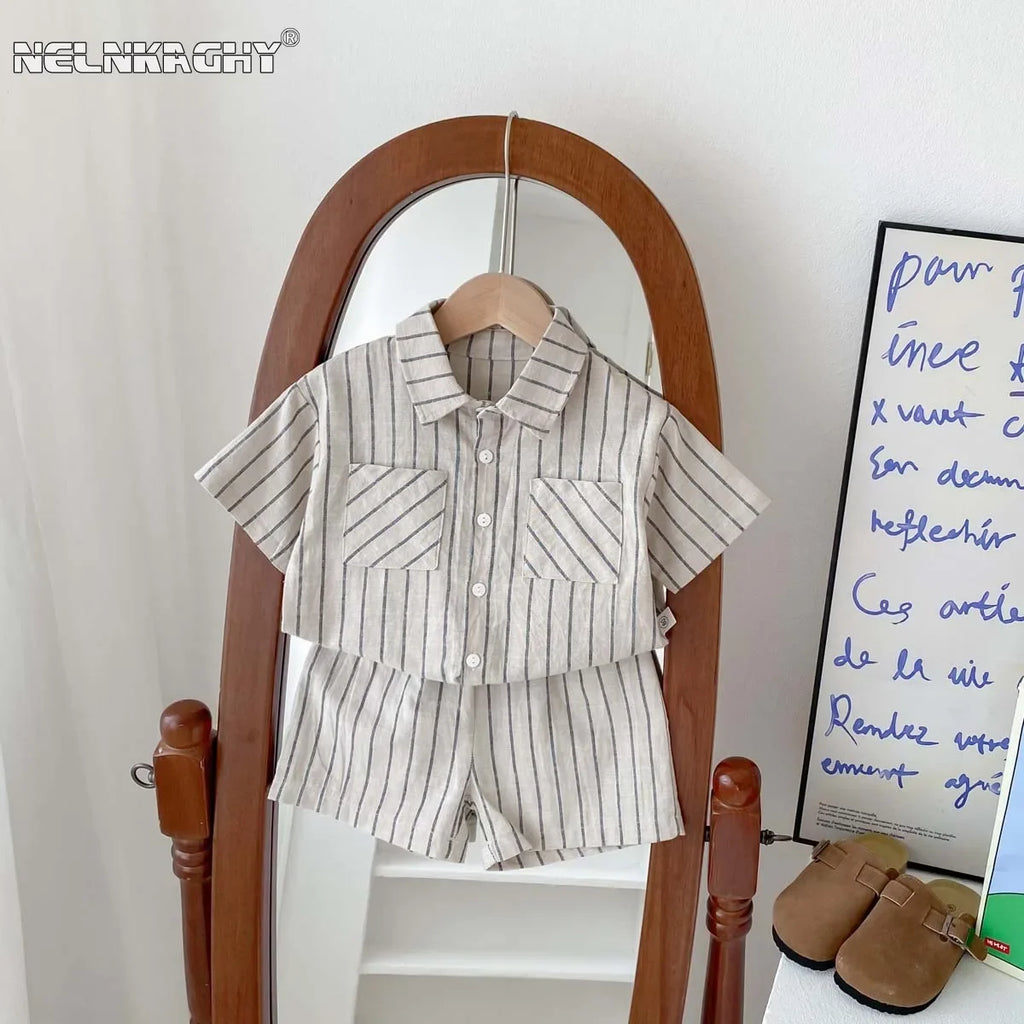 Conjunto de camisa de manga corta a rayas Retro de estilo coreano para niños y niñas pequeñas, traje de moda informal fino de verano para bebés