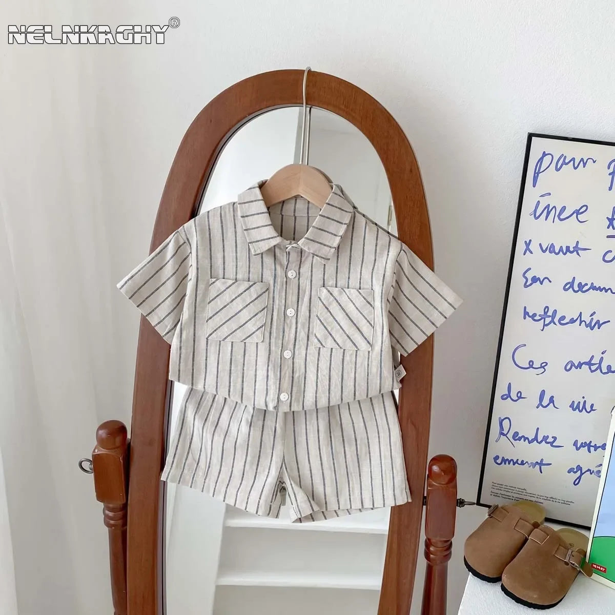 Conjunto de camisa de manga corta a rayas Retro de estilo coreano para niños y niñas pequeñas, traje de moda informal fino de verano para bebés