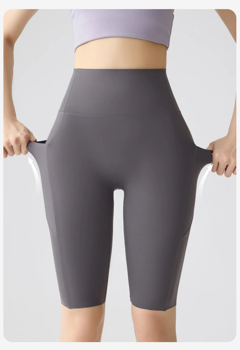 BIVIGAOS, pantalones cortos de verano con bolsillo para Yoga de piel de tiburón para bicicleta, pantalones cortos finos de cintura alta con realce, sensación desnuda, pantalones cortos deportivos para ciclismo y Fitness