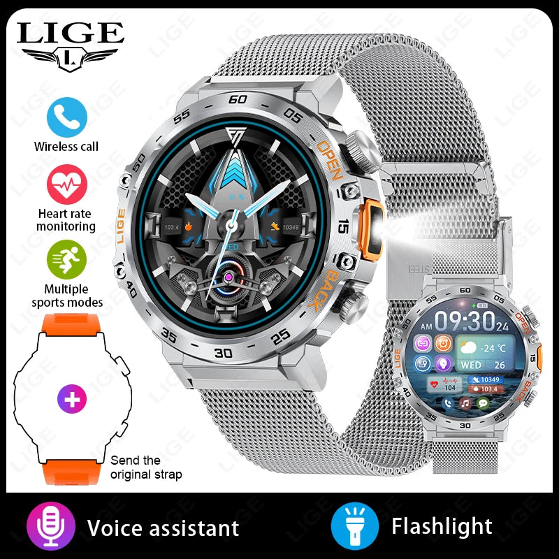 LIGE 2024 reloj inteligente para hombres 360*360 pantalla AMOLED HD relojes deportivos impermeables para Fitness linterna nueva reloj inteligente para hombres para Andrio IOS