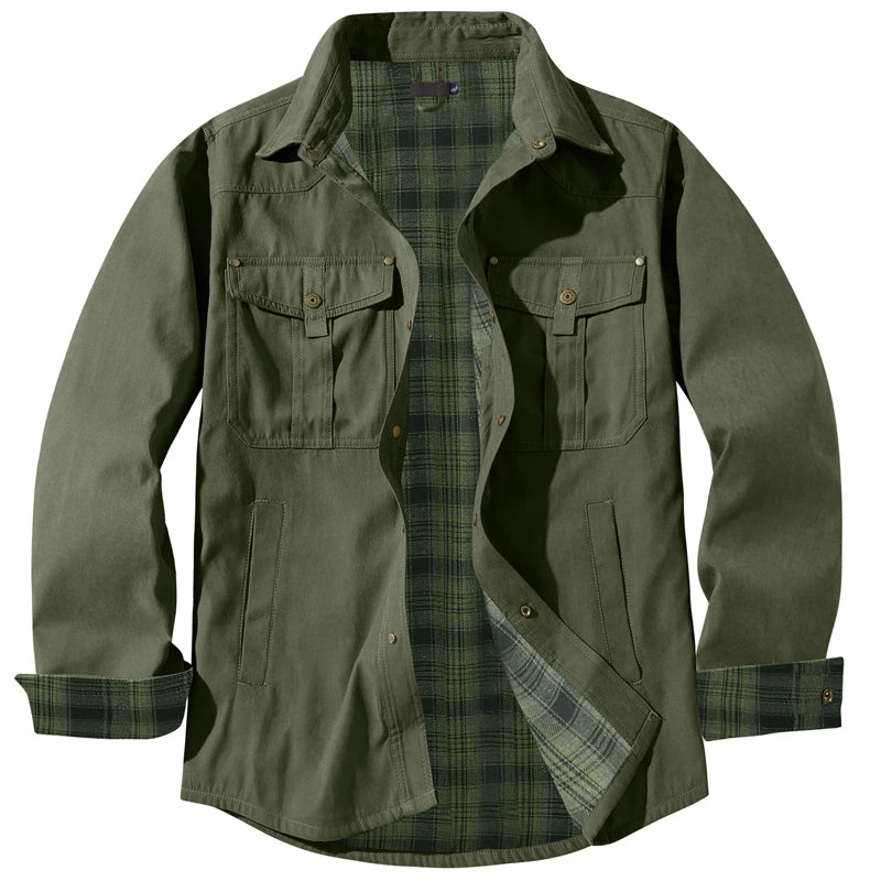 Primavera otoño hombres camisa de franela a cuadros chaqueta Casual hombres Retro solapa algodón camisas cálidas hombres chaqueta cortavientos táctica ropa