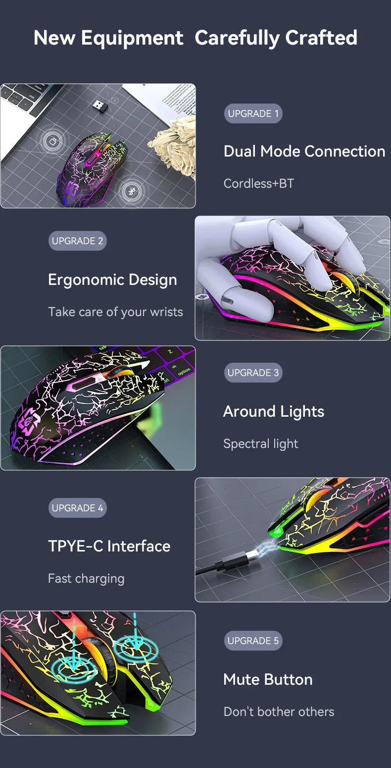 Ratón inalámbrico Bluetooth 5,2 RGB 2,4G, ratón para juegos de modo Dual, ratón silencioso de 6 botones para MacBook, tableta, ordenadores portátiles