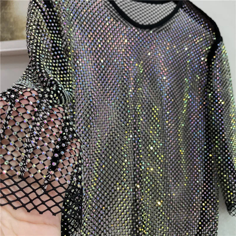 ColorShiny Diamonds-Camiseta básica de sílabas eléctricas para mujer, Top ajustado de cristal con cuello redondo, media manga, Sexy, para fiesta y Club
