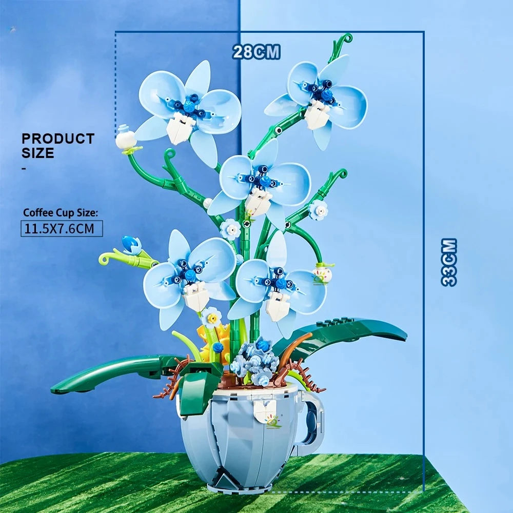 Taza de café de orquídeas y flores, bloques de construcción en maceta, ramo 3D, ladrillos MOC, juguetes de construcción, decoración de plantas de escritorio para el hogar DIY