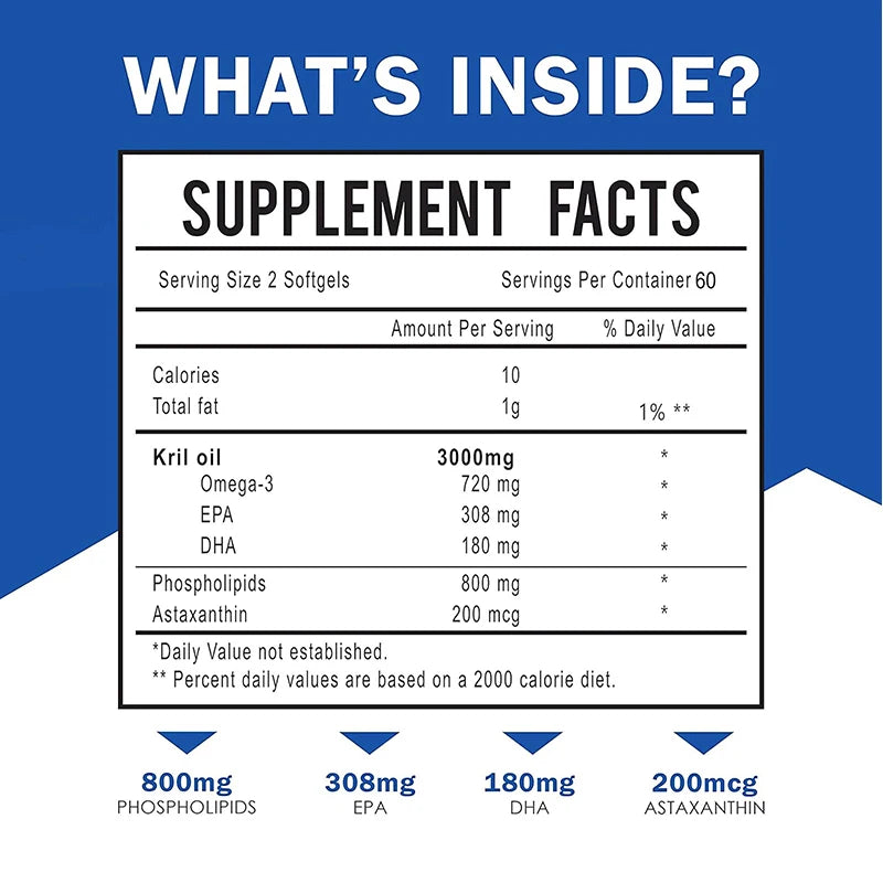 Aceite de Krill Antártico 3000mg - Omega-3 EPA, DHA, Astaxantina Natural, Máxima Fuerza para la Salud del Corazón y las Articulaciones