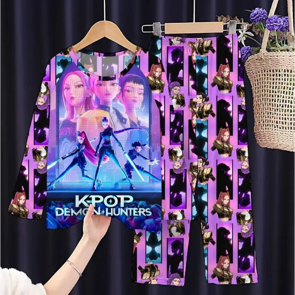Conjunto de pijamas para niños KPop Demon Hunters Huntrix, ropa de manga larga para niñas, 2 uds., ropa de dormir para niños, ropa de dormir de dibujos animados para niños de 3 a 14 años