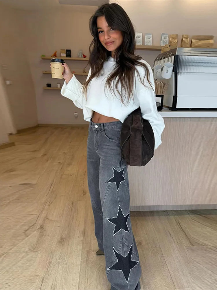 Pantalones vaqueros elegantes con decoración de perlas para mujer, pantalones de pierna ancha de cintura alta, ropa de calle nueva de moda, pantalones de lujo 2025