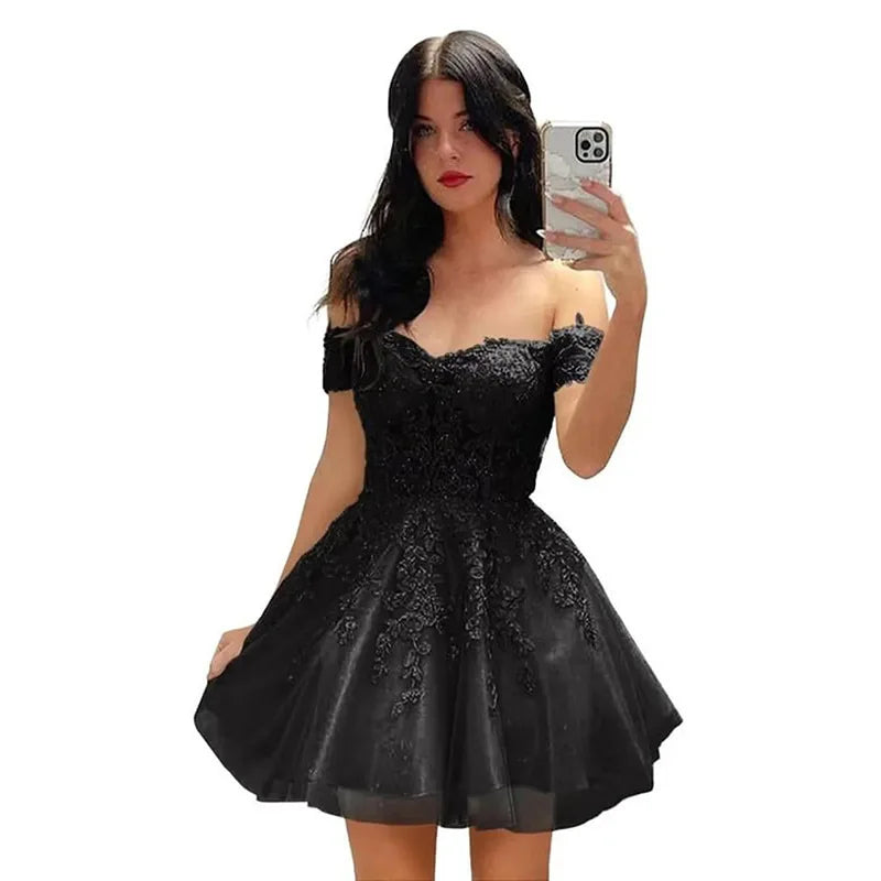 Vestido de Fiesta Corto para Mujer, Elegante, 2025, Encaje Negro, Ajustado, Vestido de Noche, Talla Grande, Quinceañera