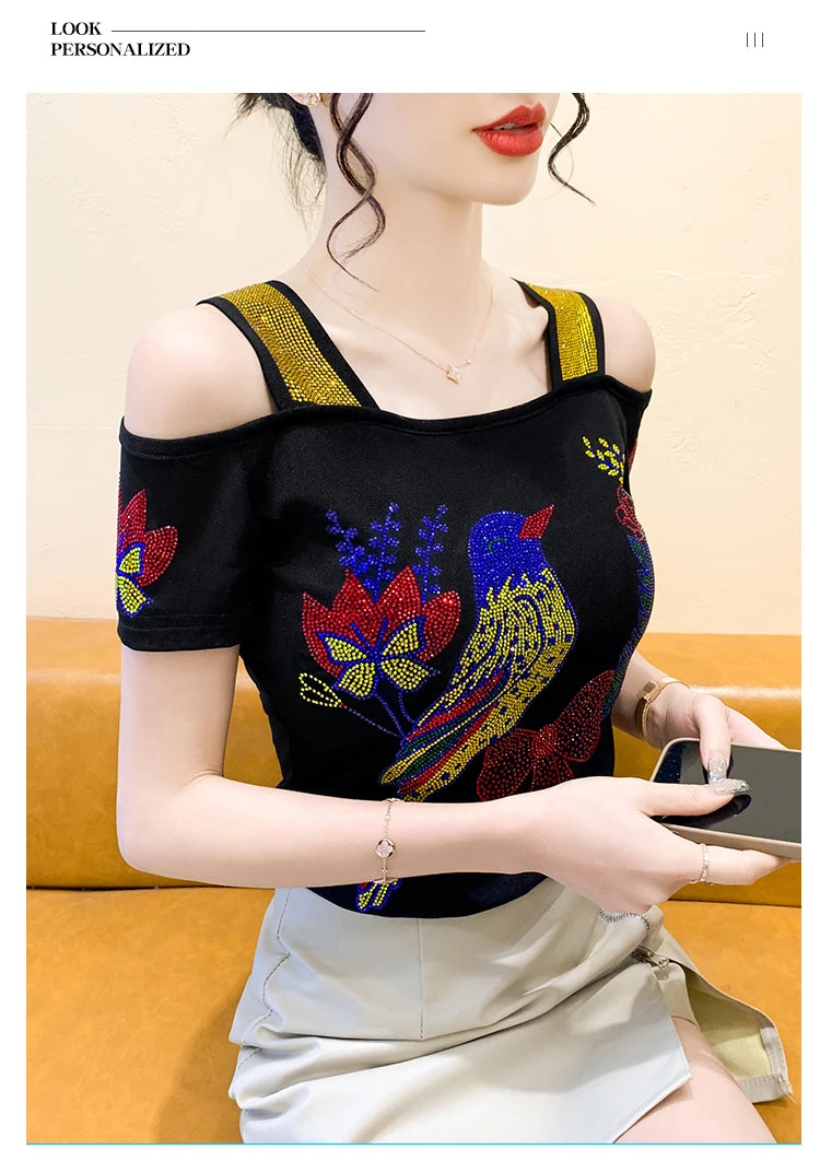 Ropa de calle europea, camiseta de marca para mujer, camisetas ajustadas de manga corta elegantes con diamantes brillantes para mujer