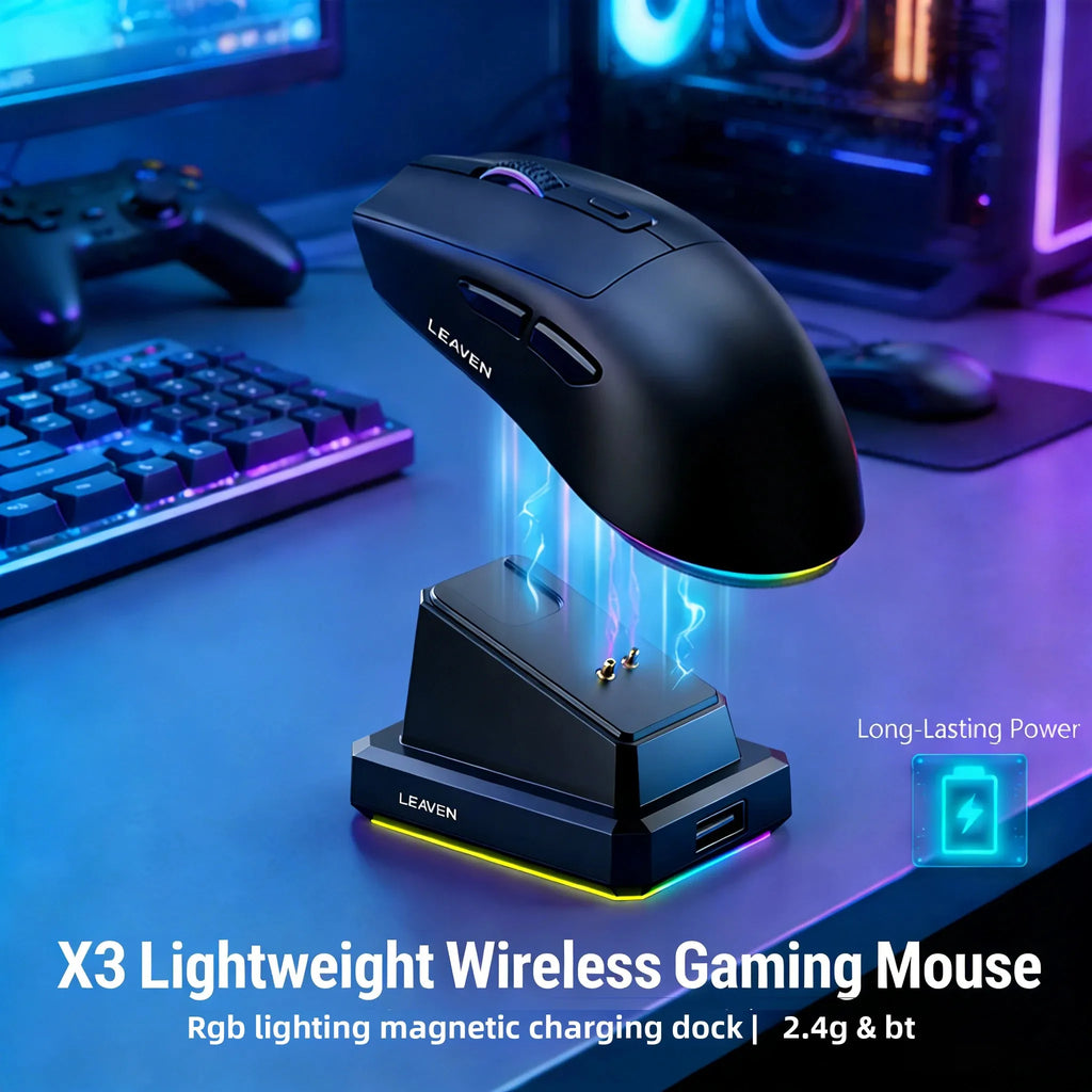 Ratón inalámbrico de modo dual |   Base de carga magnética |   Retroiluminado RGB |   DPI de 3 velocidades (800-1200-1600) |   2.4G/BT |   Adecuado para uso diario.