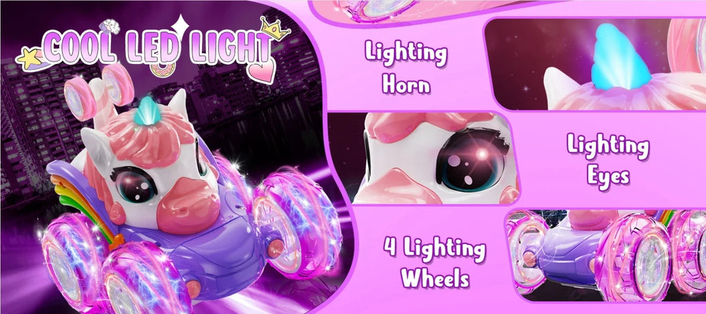 Coche teledirigido unicornio para niñas, 360 °   Coches RC acrobáticos giratorios 4WD con luces lindas, juguetes recargables para niños para regalos de cumpleaños