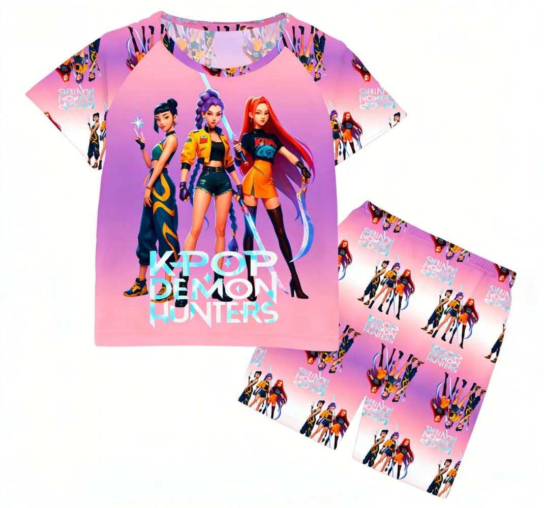 Conjuntos de pijamas para niñas, pijamas de verano para niños pequeños de 3 a 8, 10, 11 y 12 años, Kpop Demon Hunters, camisetas y pantalones cortos, conjunto de pijamas de dos piezas