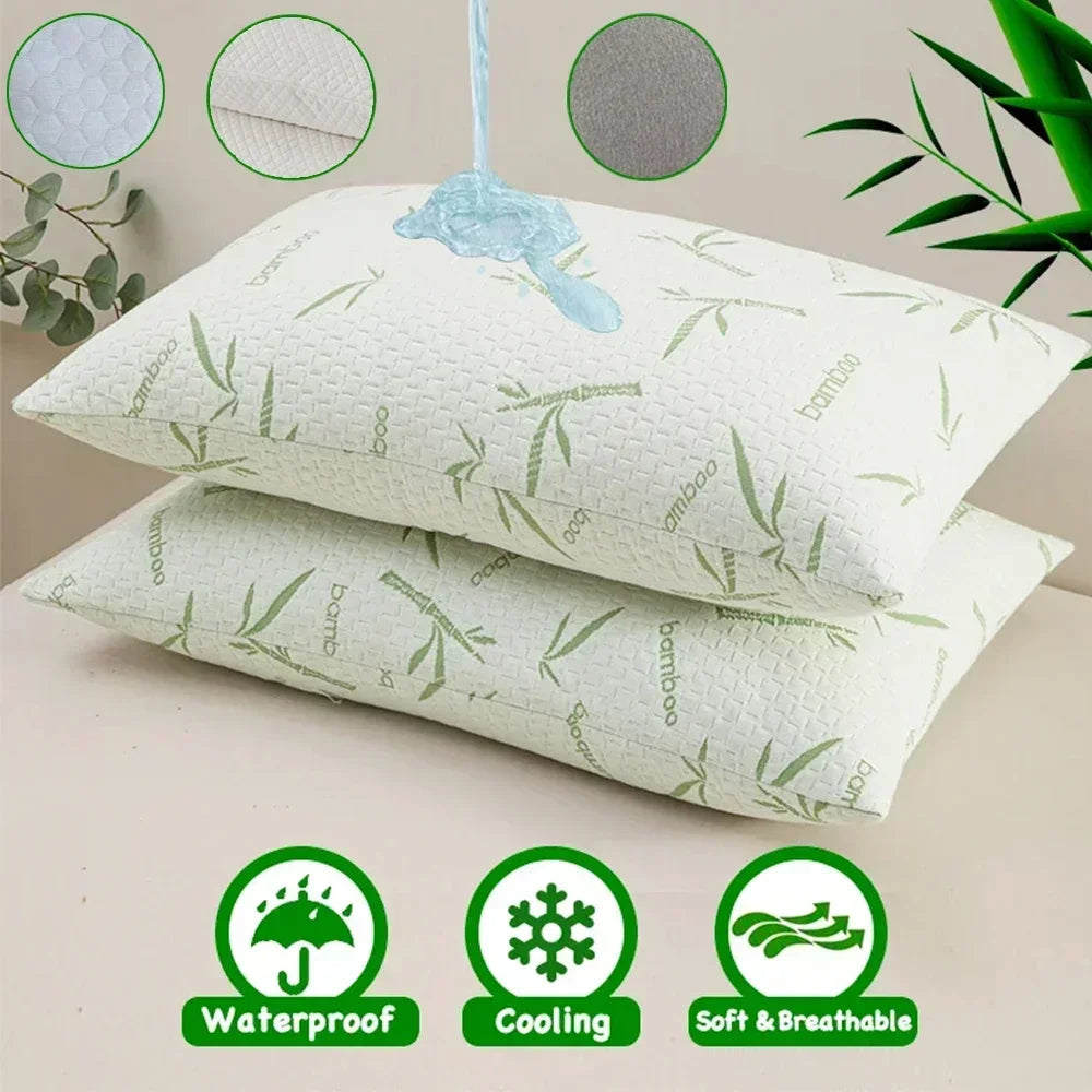Funda de almohada de fibra de bambú, capa de aire de fibra sándwich con almohada impermeable de algodón, funda protectora para el hogar, lavable a máquina