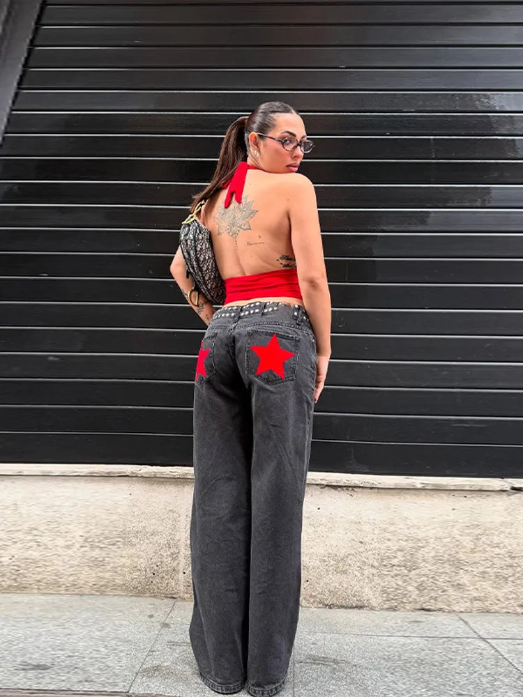 Pantalones vaqueros elegantes con decoración de perlas para mujer, pantalones de pierna ancha de cintura alta, ropa de calle nueva de moda, pantalones de lujo 2025