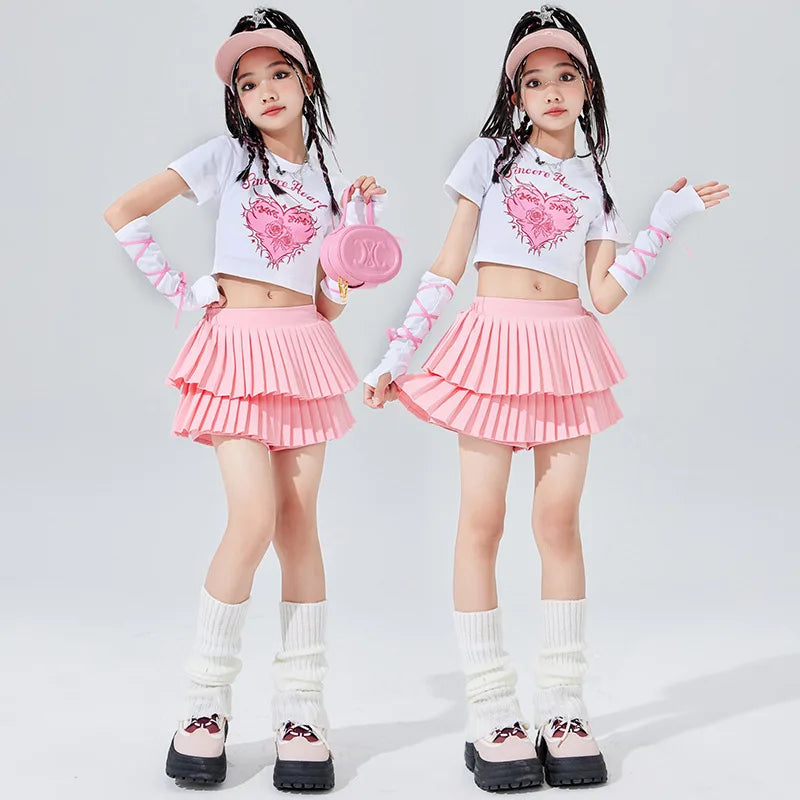 Ropa bonita de Hip Hop para chico, camiseta corta con estampado rosa, mangas, minifalda plisada en capas blancas para niñas, tra