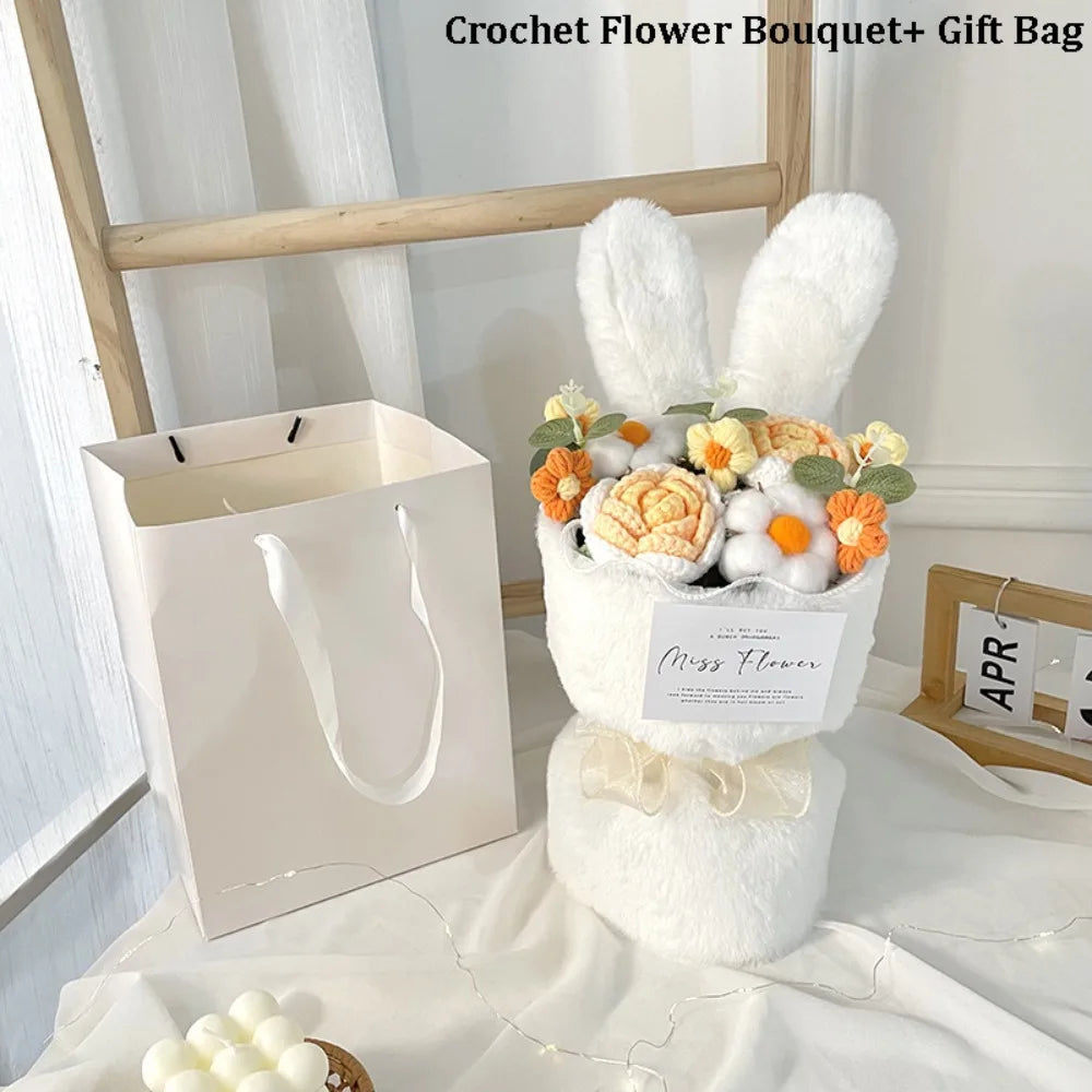 Ramo de flores de ganchillo con orejas de conejo, ramo de flores completo hecho a mano con bolsa de regalo, ramo de rosas de punto creativo para el día de la madre